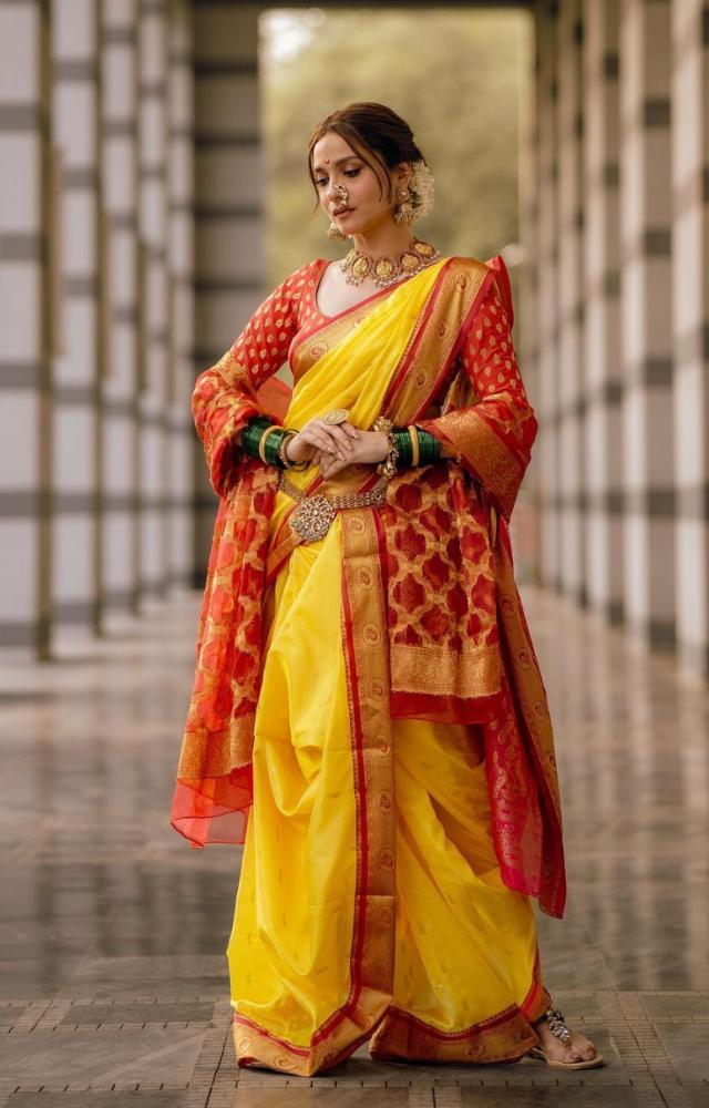 Ankita Lokhande looked stunning as she dressed up as a Marathi `mulgi` in a red and yellow nauvari 